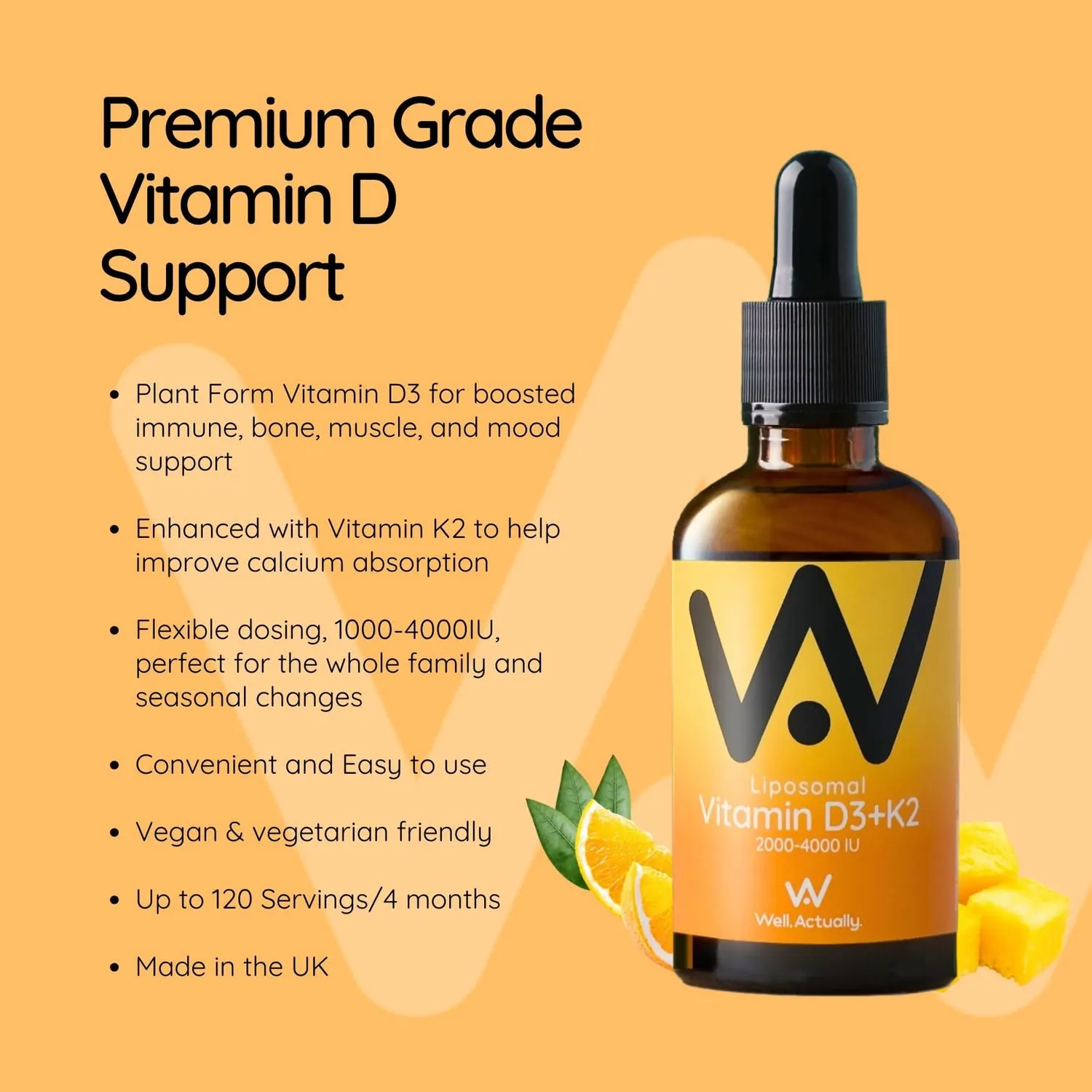Well Actually Liposomal D3+K2 vitamintilskudd appelsin mango 60 ml