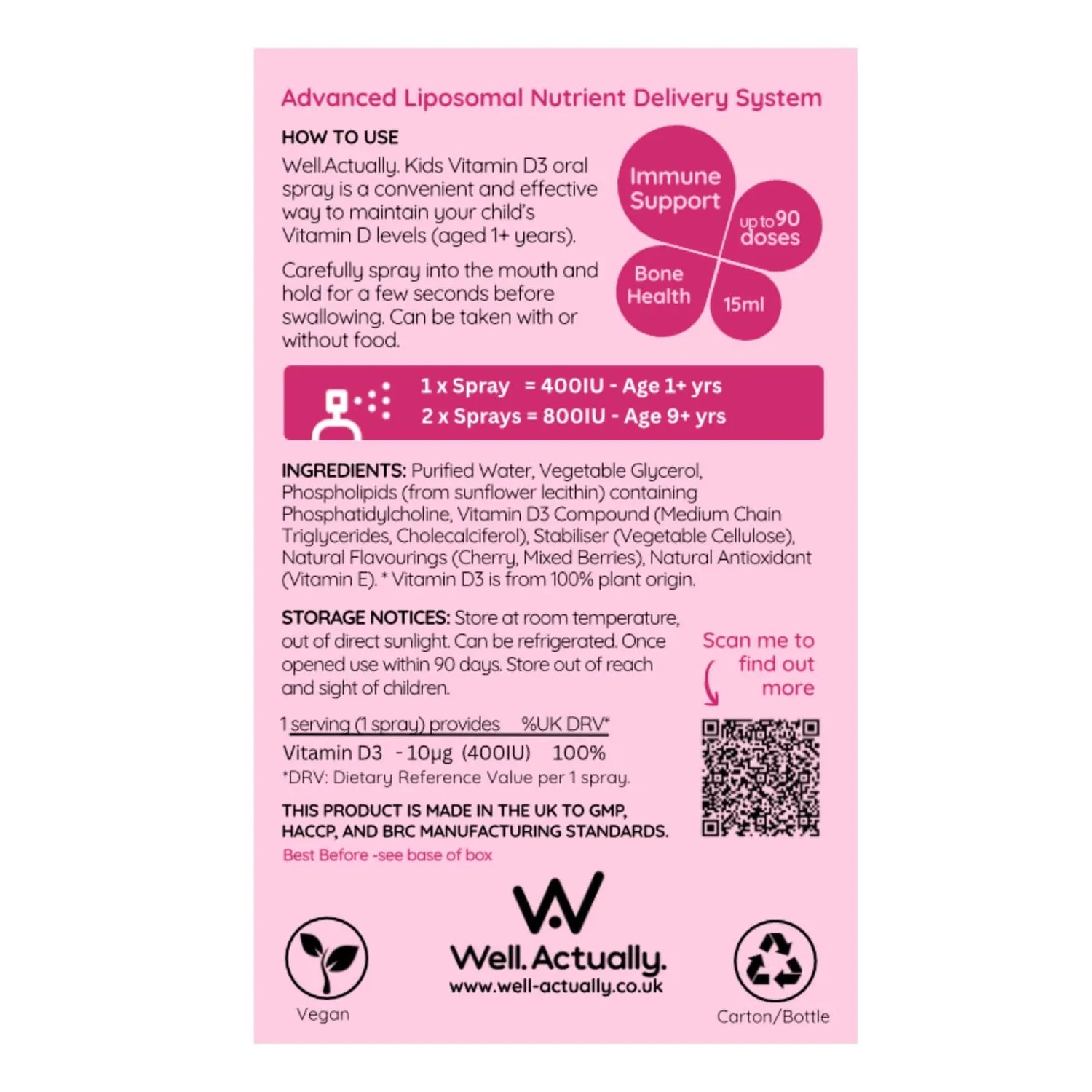 Well Actually Kids Liposomal Vitamin D3 spray 15 ml kirsebær