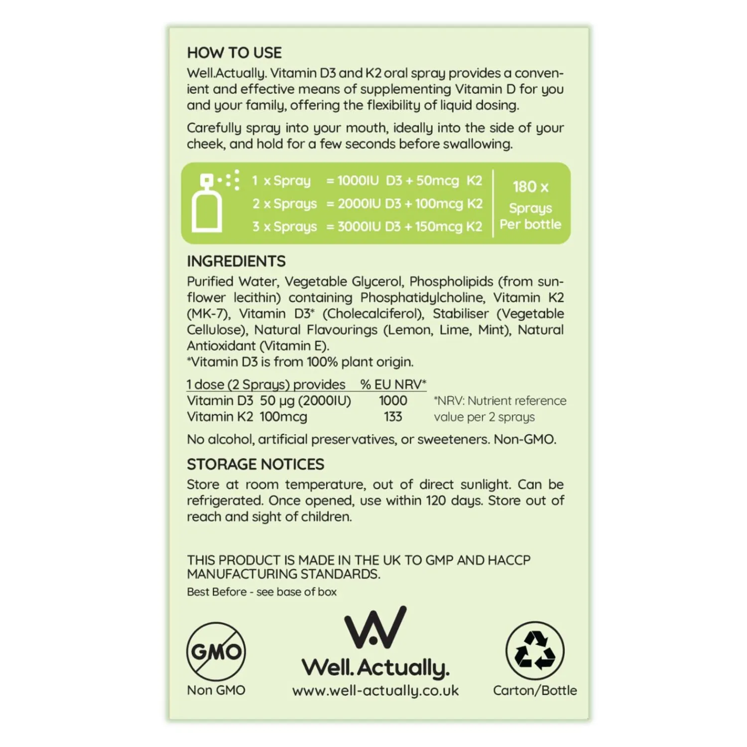 Well Actually Liposomal Vitamin D3+K2 spray 25ml lime