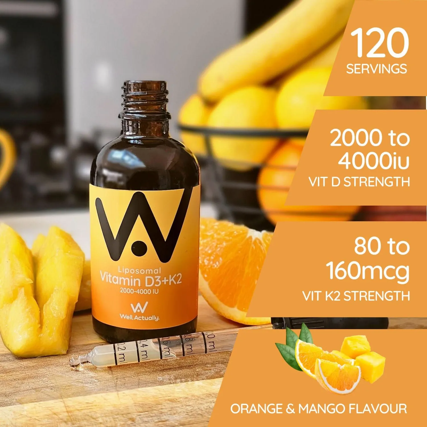 Well Actually Liposomal D3+K2 vitamintilskudd appelsin mango 60 ml