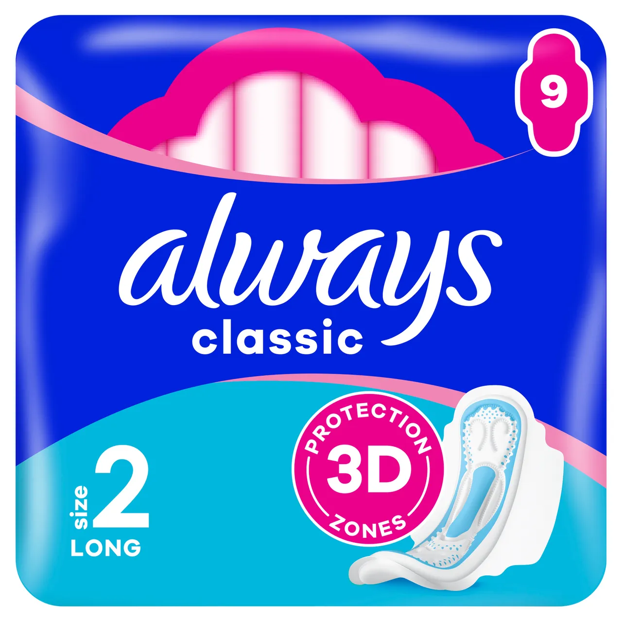 Always Maxi Classic Long sanitærbind med vinger 9 stk