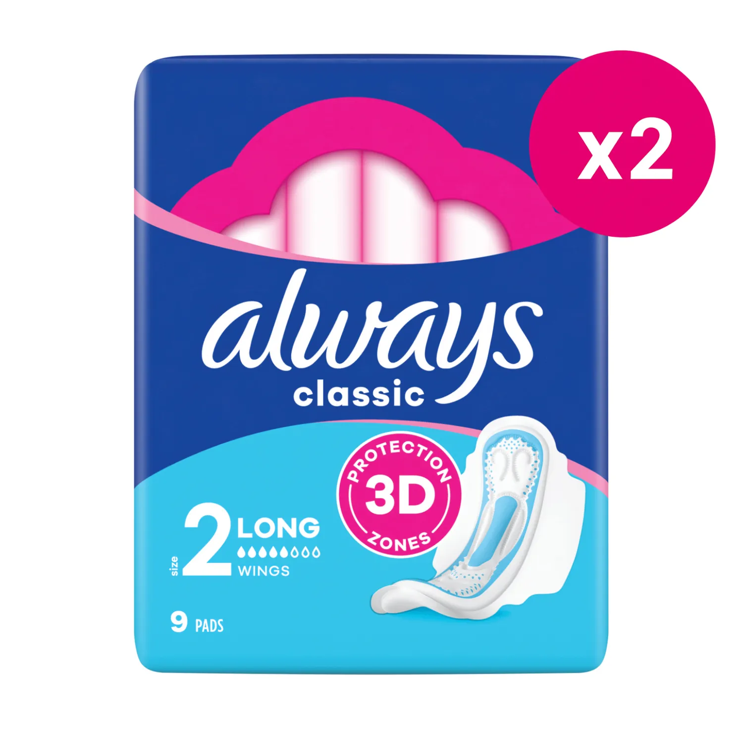 Always Maxi Classic Long sanitærbind med vinger 9 stk