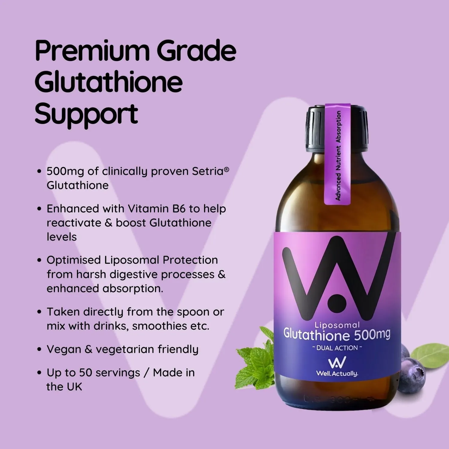 Well Actually Liposomal Glutathione 500mg kosttilskudd 250ml blåbær