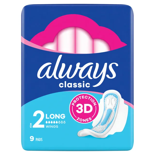 Always Maxi Classic Long sanitærbind med vinger 9 stk