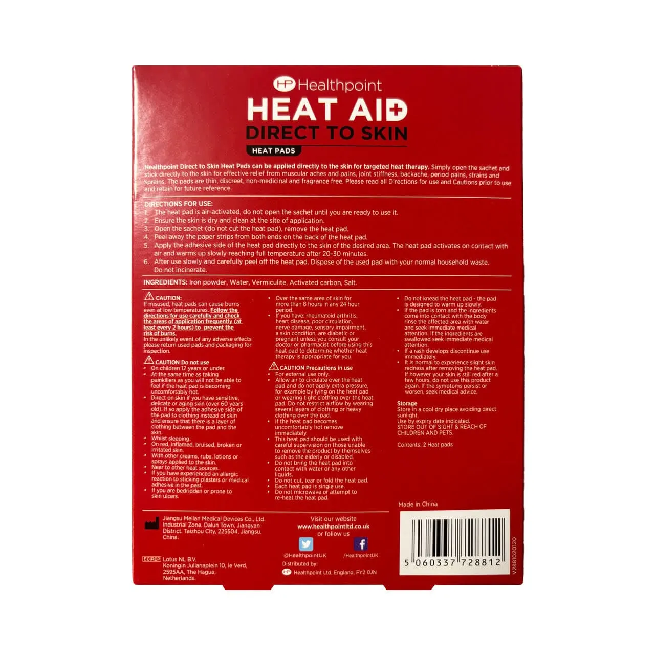 Healthpoint Heat Aid varmepute 2 stk direkte på hud