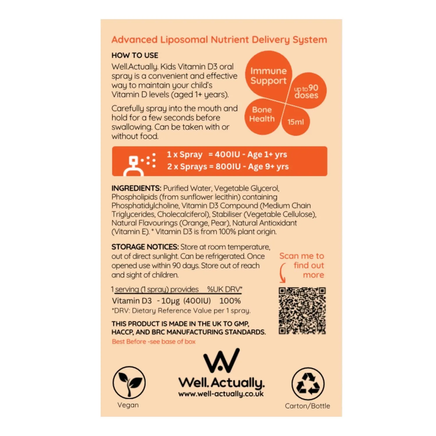 Well Actually Kids Liposomal Vitamin D3 spray 15 ml appelsin